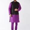 VASTRAMAY Men's Black Silk Blend Jacket, Purple Kurta And Pyjama Set Jacket Kurta Sets 2 VASTRAMAY Men's Black Silk Blend Jacket, Purple Kurta And Pyjama Set Jacket Kurta Sets