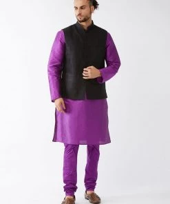 VASTRAMAY Men's Black Silk Blend Jacket, Purple Kurta And Pyjama Set Jacket Kurta Sets