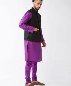 VASTRAMAY Men's Black Silk Blend Jacket, Purple Kurta And Pyjama Set Jacket Kurta Sets