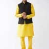 VASTRAMAY Men's Black Silk Blend Ethnic Jacket, Yellow Kurta And Pyjama Set Jacket Kurta Sets