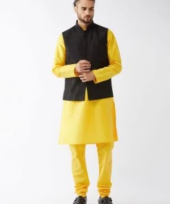 VASTRAMAY Men's Black Silk Blend Ethnic Jacket, Yellow Kurta And Pyjama Set Jacket Kurta Sets