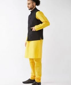 VASTRAMAY Men's Black Silk Blend Ethnic Jacket, Yellow Kurta And Pyjama Set Jacket Kurta Sets