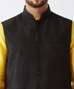 VASTRAMAY Men's Black Silk Blend Ethnic Jacket, Yellow Kurta And Pyjama Set Jacket Kurta Sets