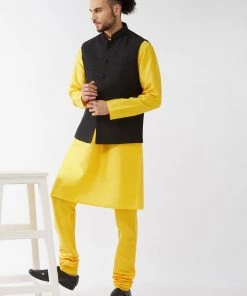 VASTRAMAY Men's Black Silk Blend Ethnic Jacket, Yellow Kurta And Pyjama Set Jacket Kurta Sets