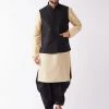 VASTRAMAY Men's Black Solid Jacket With Gold And Black Silk Kurta And Dhoti Set