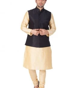 Vastramay Men's Gold Cotton Silk Blend Kurta, Ethnic Jacket And Pyjama Set
