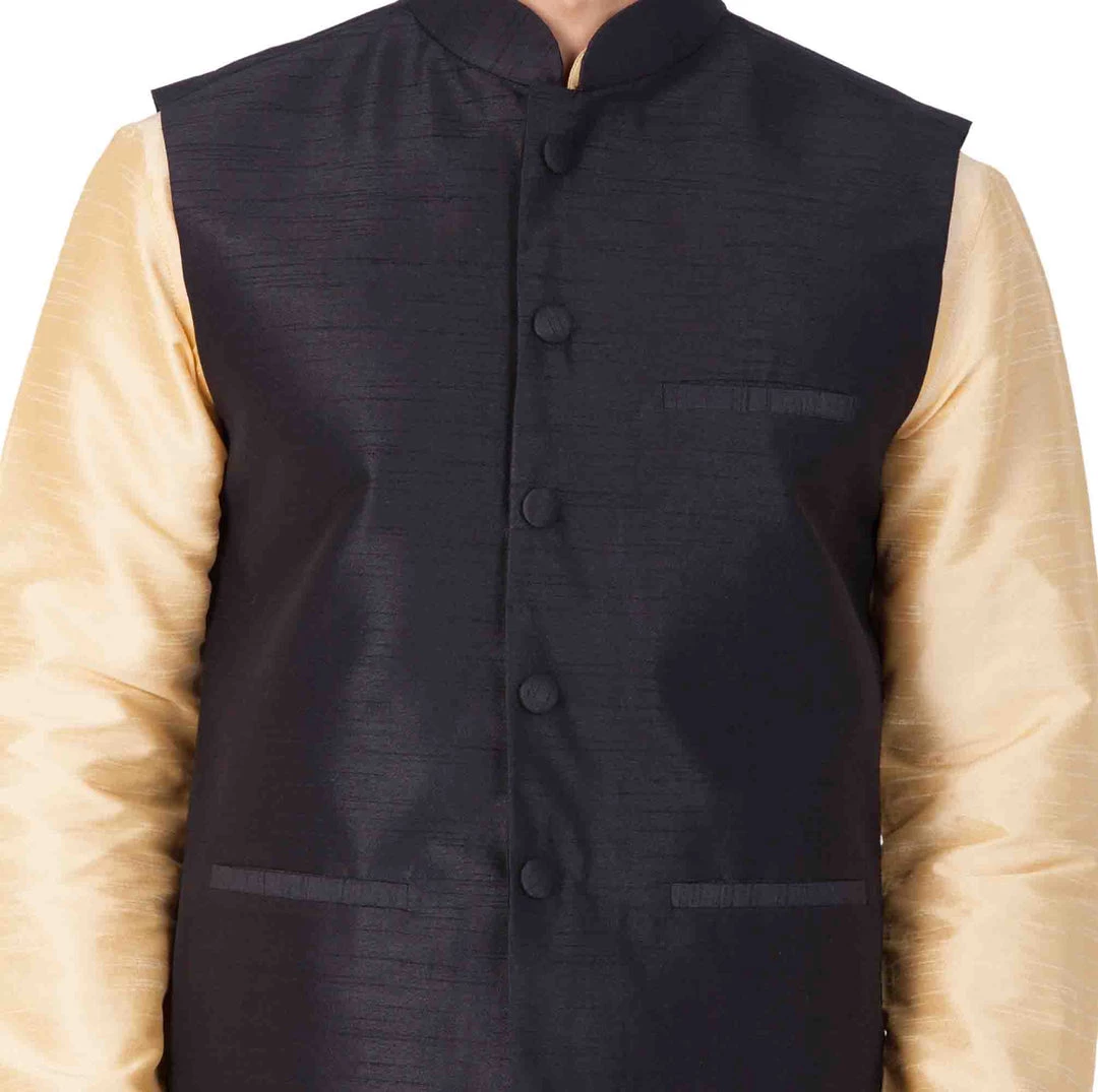 Vastramay Men's Gold Cotton Silk Blend Kurta, Ethnic Jacket And Pyjama Set 5 Vastramay Men's Gold Cotton Silk Blend Kurta, Ethnic Jacket And Pyjama Set