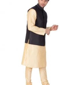 Vastramay Men's Gold Cotton Silk Blend Kurta, Ethnic Jacket And Pyjama Set