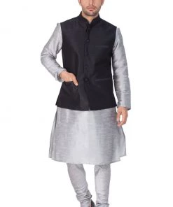 Vastramay Men's Grey Cotton Silk Blend Kurta, Ethnic Jacket And Pyjama Set