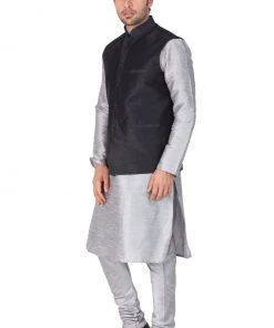Vastramay Men's Grey Cotton Silk Blend Kurta, Ethnic Jacket And Pyjama Set