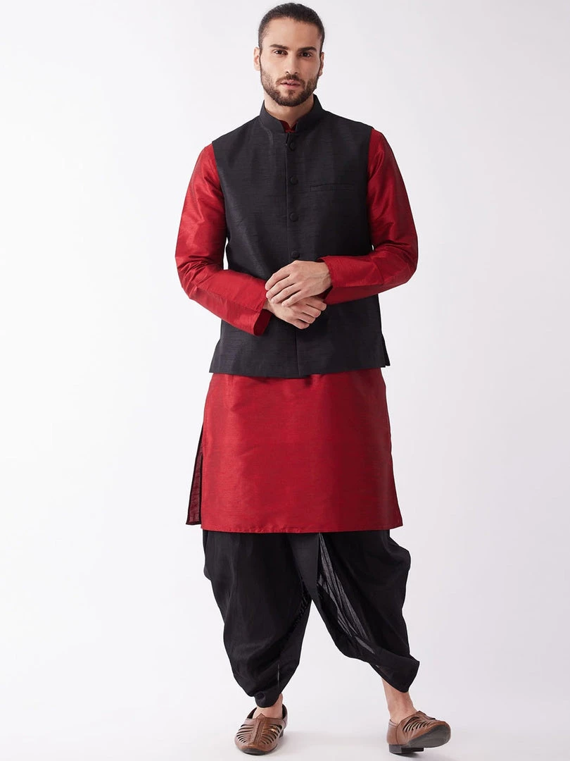 VASTRAMAY Men's Black Jacket & Maroon Layered Kurta With Black Dhoti Pants Jacket Kurta Sets 3 VASTRAMAY Men's Black Jacket & Maroon Layered Kurta With Black Dhoti Pants Jacket Kurta Sets