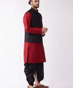 VASTRAMAY Men's Black Jacket & Maroon Layered Kurta With Black Dhoti Pants Jacket Kurta Sets 12 VASTRAMAY Men's Black Jacket & Maroon Layered Kurta With Black Dhoti Pants Jacket Kurta Sets