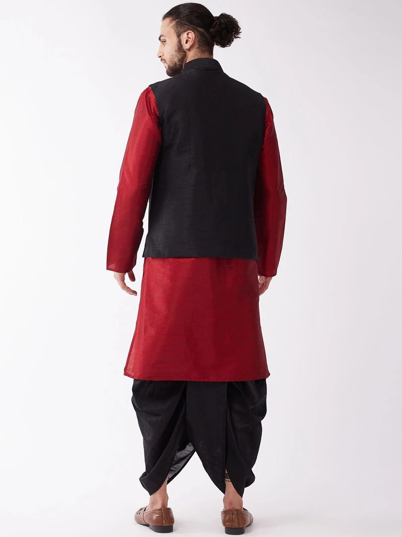 VASTRAMAY Men's Black Jacket & Maroon Layered Kurta With Black Dhoti Pants Jacket Kurta Sets 7 VASTRAMAY Men's Black Jacket & Maroon Layered Kurta With Black Dhoti Pants Jacket Kurta Sets