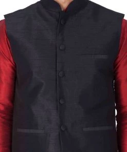 Vastramay Men's Maroon Cotton Silk Blend Kurta, Ethnic Jacket And Pyjama Set Jacket Kurta Sets