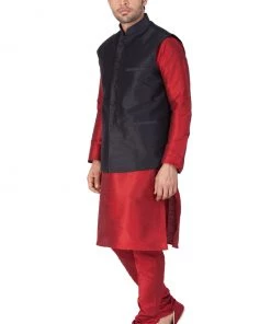 Vastramay Men's Maroon Cotton Silk Blend Kurta, Ethnic Jacket And Pyjama Set Jacket Kurta Sets