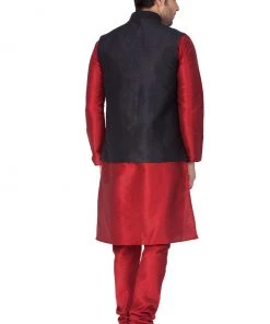 Vastramay Men's Maroon Cotton Silk Blend Kurta, Ethnic Jacket And Pyjama Set Jacket Kurta Sets