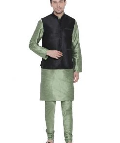 Vastramay Jacket Kurta Sets Men's Light Green Cotton Silk Blend Kurta, Ethnic Jacket And Pyjama Set