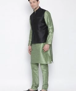 Vastramay Jacket Kurta Sets Men's Light Green Cotton Silk Blend Kurta, Ethnic Jacket And Pyjama Set
