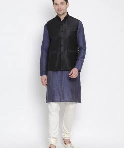 Vastramay Jacket Kurta Sets Men's Blue Cotton Silk Blend Kurta, Ethnic Jacket And Pyjama Set