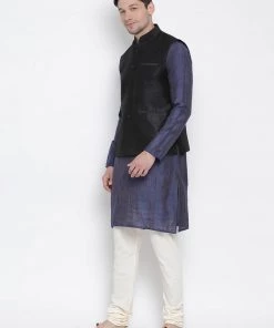 Vastramay Jacket Kurta Sets Men's Blue Cotton Silk Blend Kurta, Ethnic Jacket And Pyjama Set
