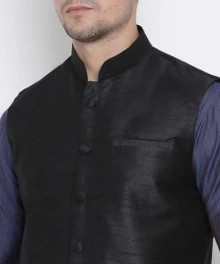 Vastramay Jacket Kurta Sets Men's Blue Cotton Silk Blend Kurta, Ethnic Jacket And Pyjama Set