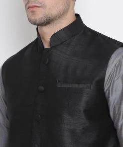 Vastramay Men's Grey Cotton Silk Blend Kurta, Ethnic Jacket And Pyjama Set Jacket Kurta Sets