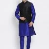 Vastramay Men's Blue Cotton Silk Blend Kurta, Ethnic Jacket And Pyjama Set Jacket Kurta Sets