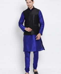 Vastramay Men's Blue Cotton Silk Blend Kurta, Ethnic Jacket And Pyjama Set Jacket Kurta Sets