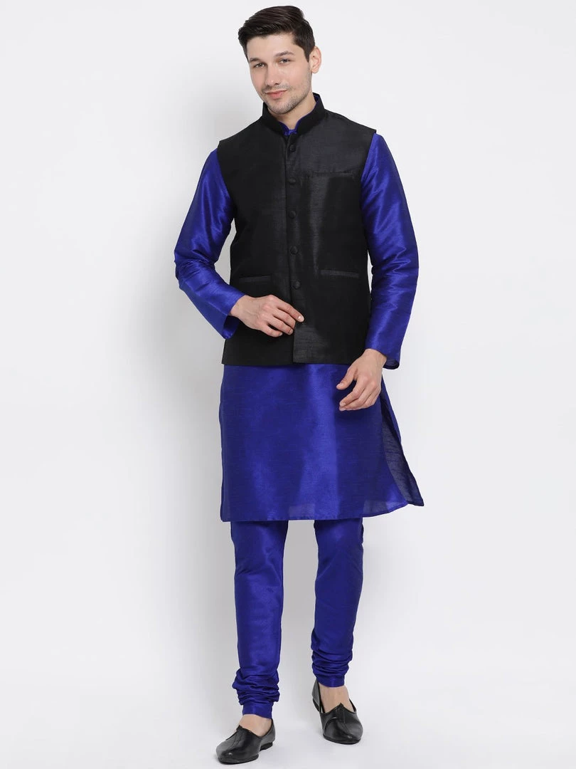 Vastramay Men's Blue Cotton Silk Blend Kurta, Ethnic Jacket And Pyjama Set Jacket Kurta Sets 3 Vastramay Men's Blue Cotton Silk Blend Kurta, Ethnic Jacket And Pyjama Set Jacket Kurta Sets