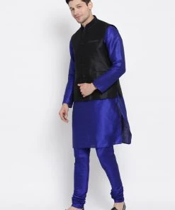 Vastramay Men's Blue Cotton Silk Blend Kurta, Ethnic Jacket And Pyjama Set Jacket Kurta Sets
