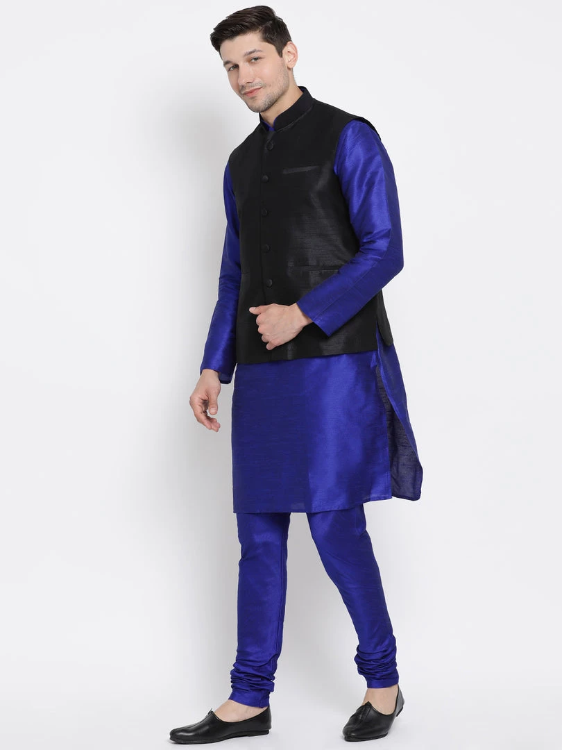 Vastramay Men's Blue Cotton Silk Blend Kurta, Ethnic Jacket And Pyjama Set Jacket Kurta Sets 4 Vastramay Men's Blue Cotton Silk Blend Kurta, Ethnic Jacket And Pyjama Set Jacket Kurta Sets