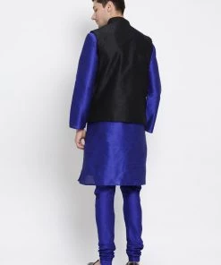 Vastramay Men's Blue Cotton Silk Blend Kurta, Ethnic Jacket And Pyjama Set Jacket Kurta Sets 11 Vastramay Men's Blue Cotton Silk Blend Kurta, Ethnic Jacket And Pyjama Set Jacket Kurta Sets