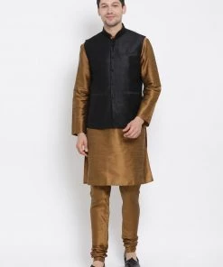 Vastramay Jacket Kurta Sets Men's Brown Cotton Silk Blend Kurta, Ethnic Jacket And Pyjama Set