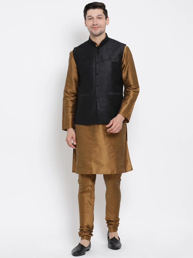 Vastramay Jacket Kurta Sets Men's Brown Cotton Silk Blend Kurta, Ethnic Jacket And Pyjama Set 3 Vastramay Jacket Kurta Sets Men's Brown Cotton Silk Blend Kurta, Ethnic Jacket And Pyjama Set