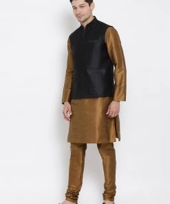 Vastramay Jacket Kurta Sets Men's Brown Cotton Silk Blend Kurta, Ethnic Jacket And Pyjama Set