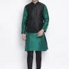 Vastramay Men's Green Cotton Silk Blend Kurta, Ethnic Jacket And Pyjama Set Jacket Kurta Sets