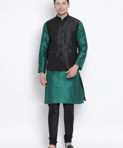 Vastramay Men's Green Cotton Silk Blend Kurta, Ethnic Jacket And Pyjama Set Jacket Kurta Sets