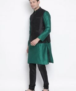 Vastramay Men's Green Cotton Silk Blend Kurta, Ethnic Jacket And Pyjama Set Jacket Kurta Sets