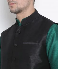Vastramay Men's Green Cotton Silk Blend Kurta, Ethnic Jacket And Pyjama Set Jacket Kurta Sets