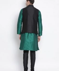 Vastramay Men's Green Cotton Silk Blend Kurta, Ethnic Jacket And Pyjama Set Jacket Kurta Sets