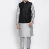 Vastramay Jacket Kurta Sets Men's Grey Cotton Silk Blend Kurta, Ethnic Jacket And Pyjama Set