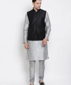Vastramay Jacket Kurta Sets Men's Grey Cotton Silk Blend Kurta, Ethnic Jacket And Pyjama Set