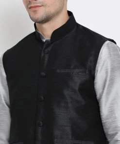 Vastramay Jacket Kurta Sets Men's Grey Cotton Silk Blend Kurta, Ethnic Jacket And Pyjama Set