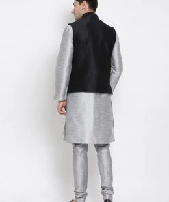 Vastramay Jacket Kurta Sets Men's Grey Cotton Silk Blend Kurta, Ethnic Jacket And Pyjama Set