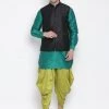 Vastramay Men's Green Cotton Silk Blend Ethnic Jacket, Kurta And Dhoti Pant Set