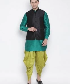 Vastramay Men's Green Cotton Silk Blend Ethnic Jacket, Kurta And Dhoti Pant Set