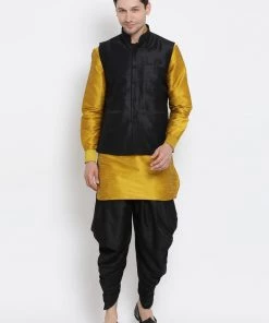 Vastramay Men's Yellow Cotton Silk Blend Ethnic Jacket, Kurta And Dhoti Pant Set Buy 1 Get 1