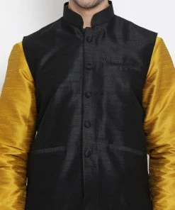 Vastramay Men's Yellow Cotton Silk Blend Ethnic Jacket, Kurta And Dhoti Pant Set Buy 1 Get 1