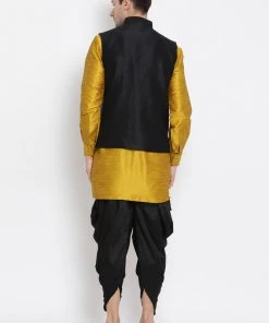 Vastramay Men's Yellow Cotton Silk Blend Ethnic Jacket, Kurta And Dhoti Pant Set Buy 1 Get 1