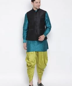 Vastramay Men's Dark Green Cotton Silk Blend Ethnic Jacket, Kurta And Dhoti Pant Set Buy 1 Get 1